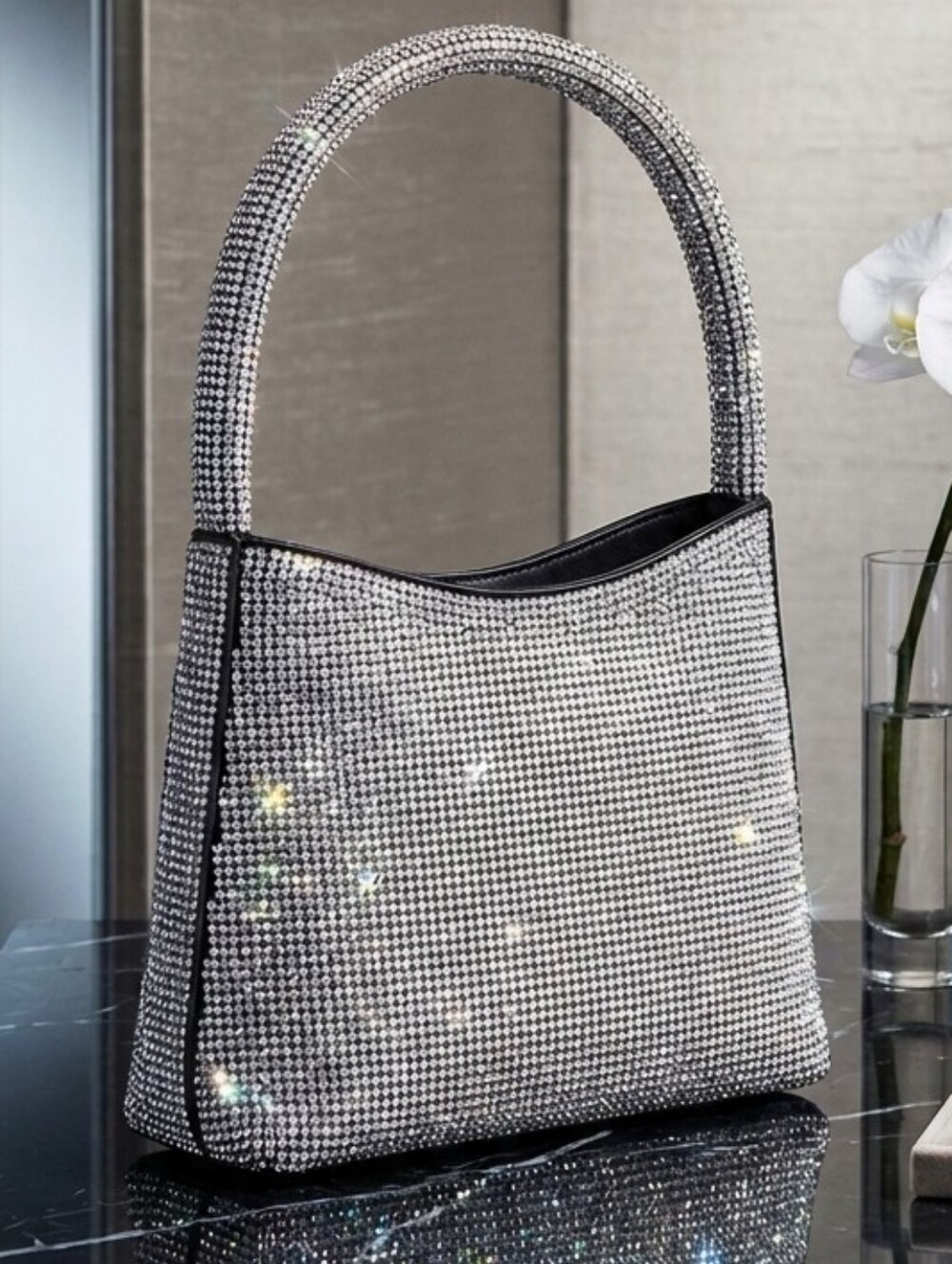 Women Mini Bucket Silver Rhinestone Top Handle Crossbody Bag